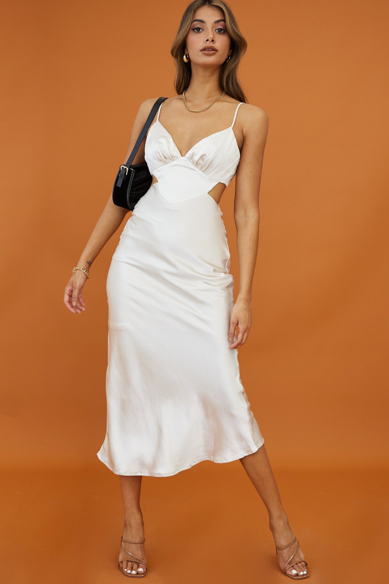 City Lights Cut-Out Waist Strappy Back Midi Dress Champagne