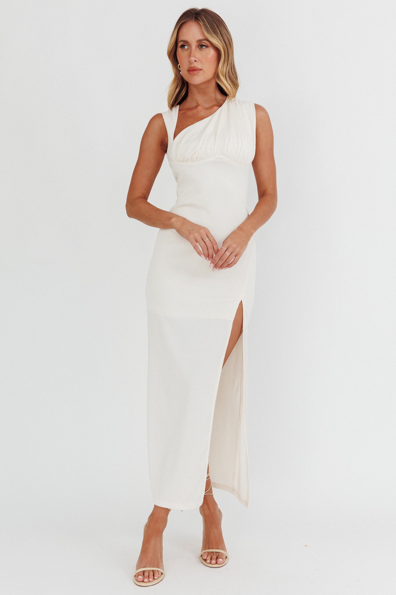 Daleela Asymmetric Neckline Maxi Dress Vanilla