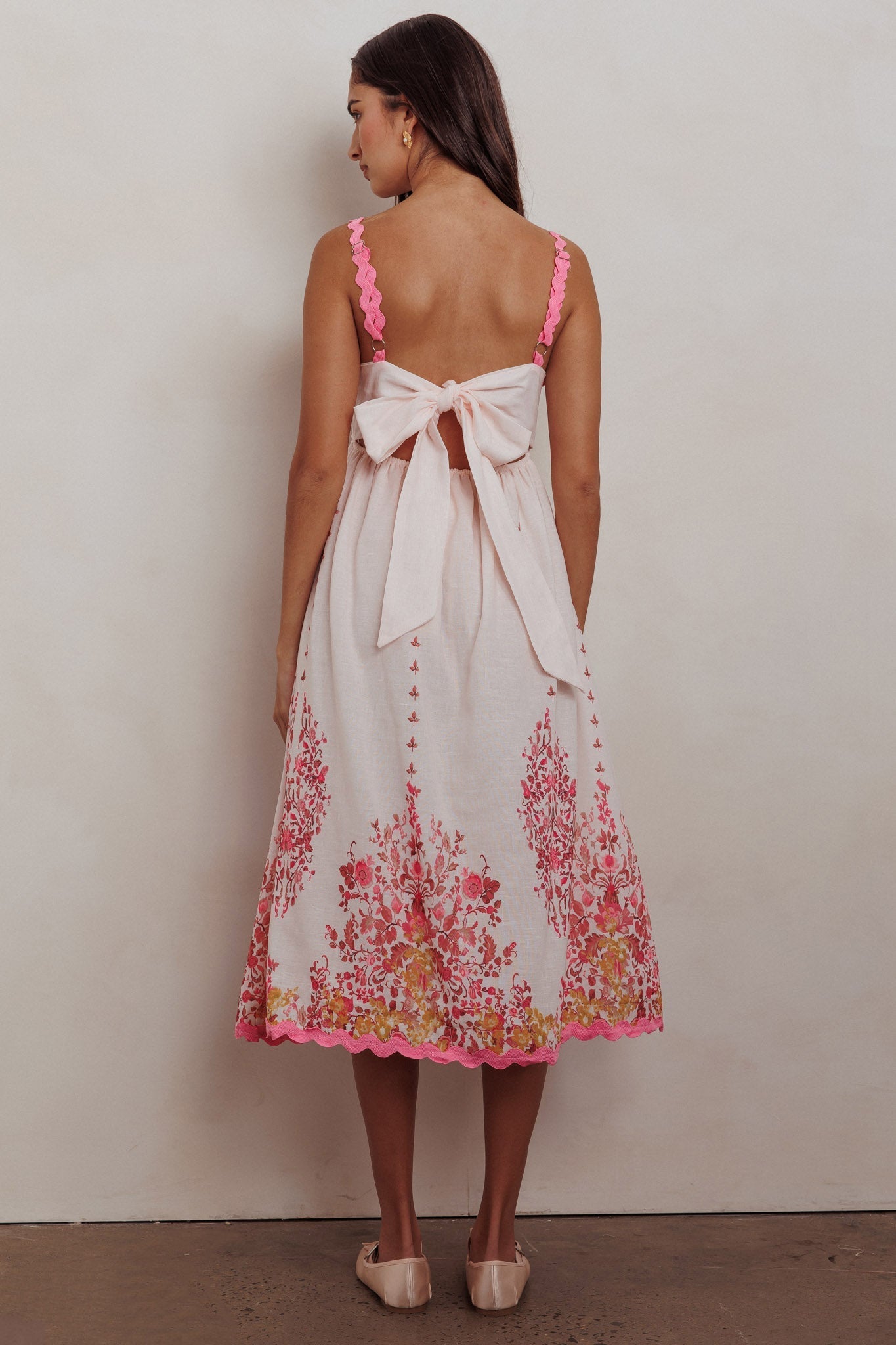 Asami Floral Print Ric Rac Trim Midi Dress Blush